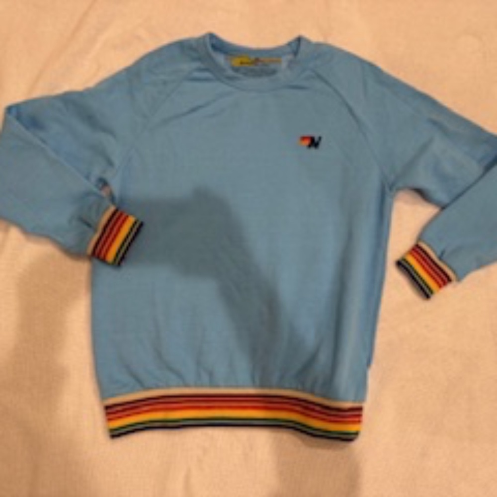 Worn 1x!  EUC Aviator Nation Rainbow Rib Crew Sweatshirt Sky Blue, Medium, $178 - Picture 2 of 7